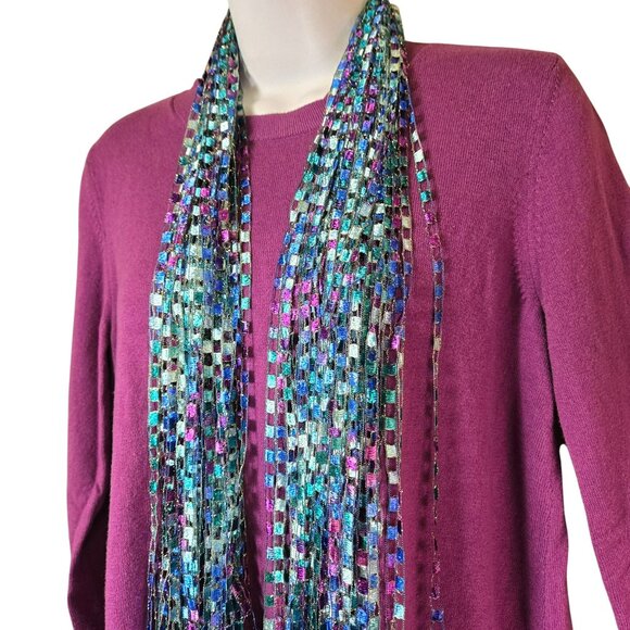 J Jill Purple Sweater Tunic Small Cotton Blend w Long Multicolor Fringed Scarf - Picture 2 of 14
